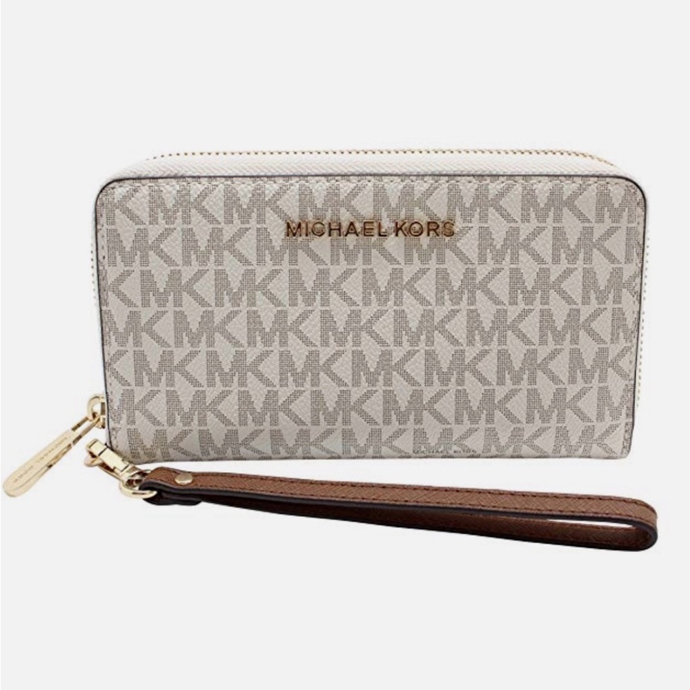 Michael Kors Vanilla and Tan Logo Jet set Wristlet w/exterior back phone holder